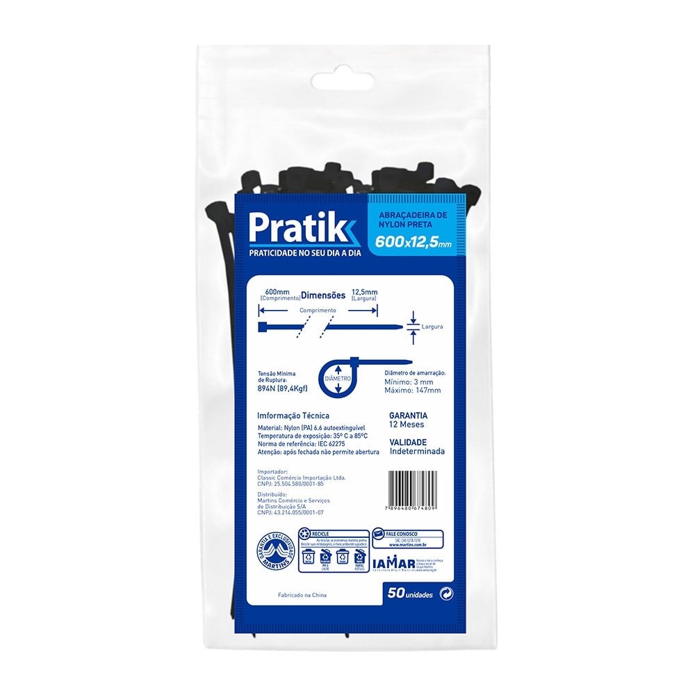 Abraçadeira Nylon Pratik 600x12,5mm Preto - Embalagem com 50 Unidades