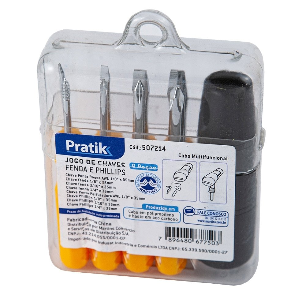 Jogo de Chave Fenda e Phillips Pratik Mini de Aço Carbono 8 Peças