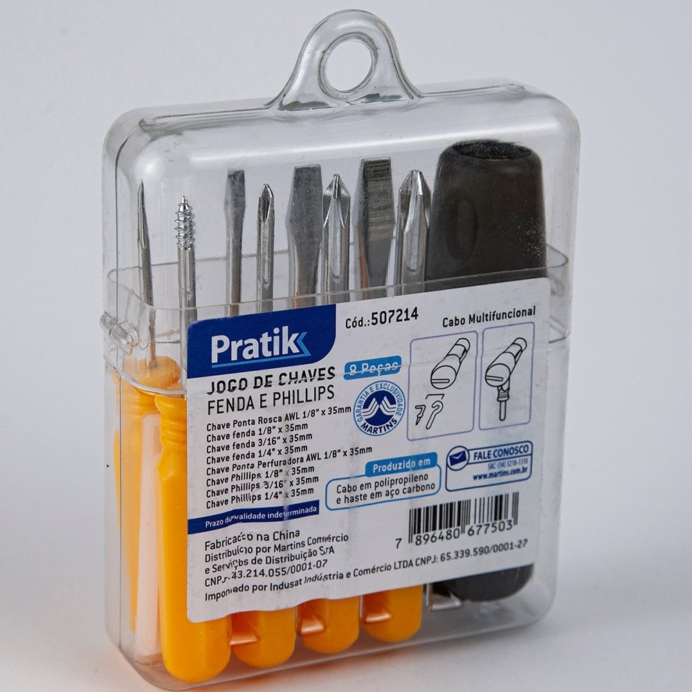 Jogo de Chave Fenda e Phillips Pratik Mini de Aço Carbono 8 Peças