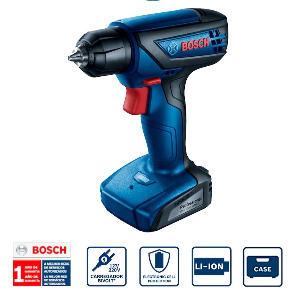 Furadeira/Parafusadeira Bosch GSR 1000 Smart 12V Bivolt Bateria Maleta Bits