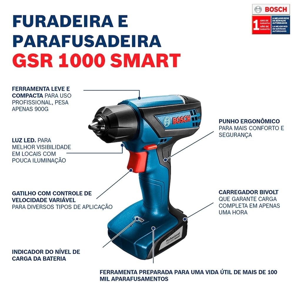 Furadeira/Parafusadeira Bosch GSR 1000 Smart 12V Bivolt Bateria Maleta Bits