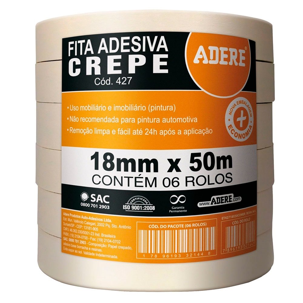 Fita Crepe Adere Uso Geral 427 18mmX50m - Embalagem com 6 Unidades