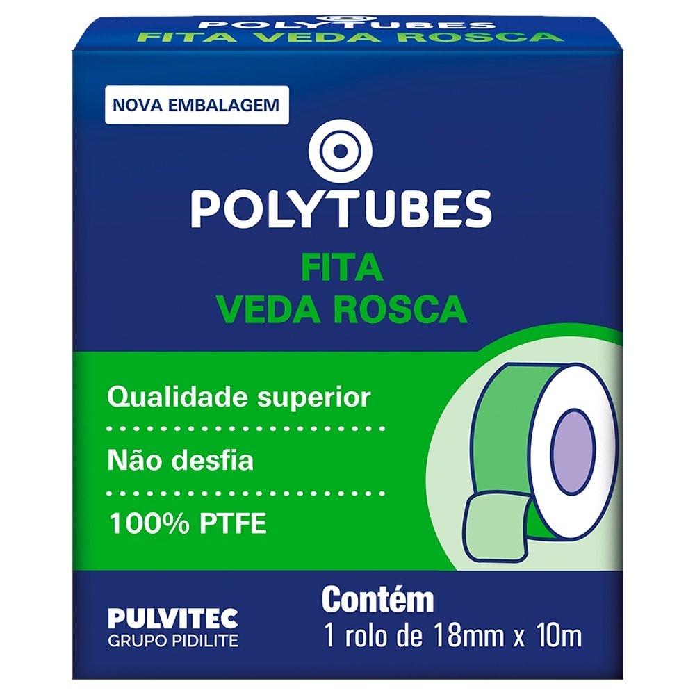 Fita Veda Rosca Pulvitec Polytubes 18mmx10m - Embalagem com 60 Unidades
