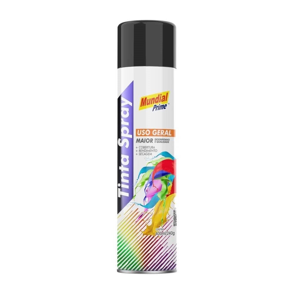 Tinta Spray Mundial Prime Uso Geral Preto Semi Brilho 400ml