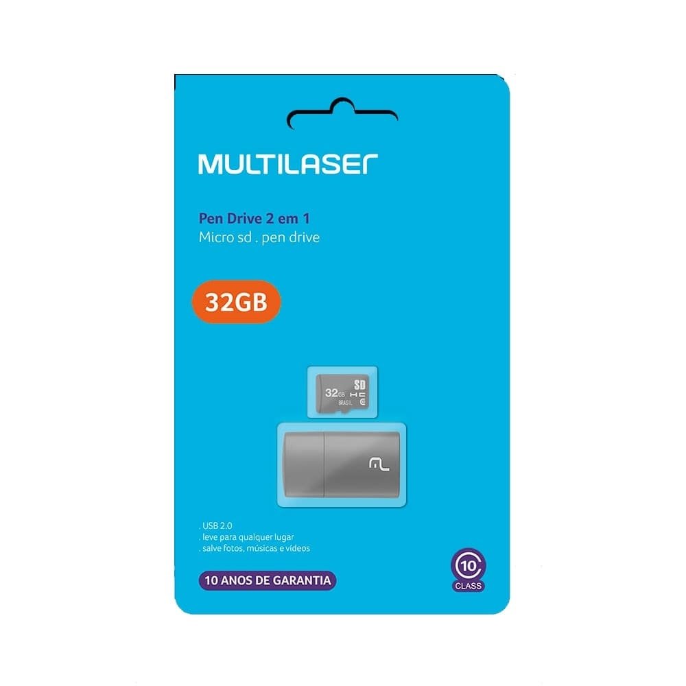 Cartão de Memória Multilaser Micro SD 32GB, MC163 2x1, Classe 10