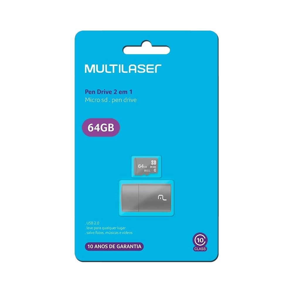 Cartão de Memória Multilaser Micro SD 64GB, MC164 2x1, Classe 10