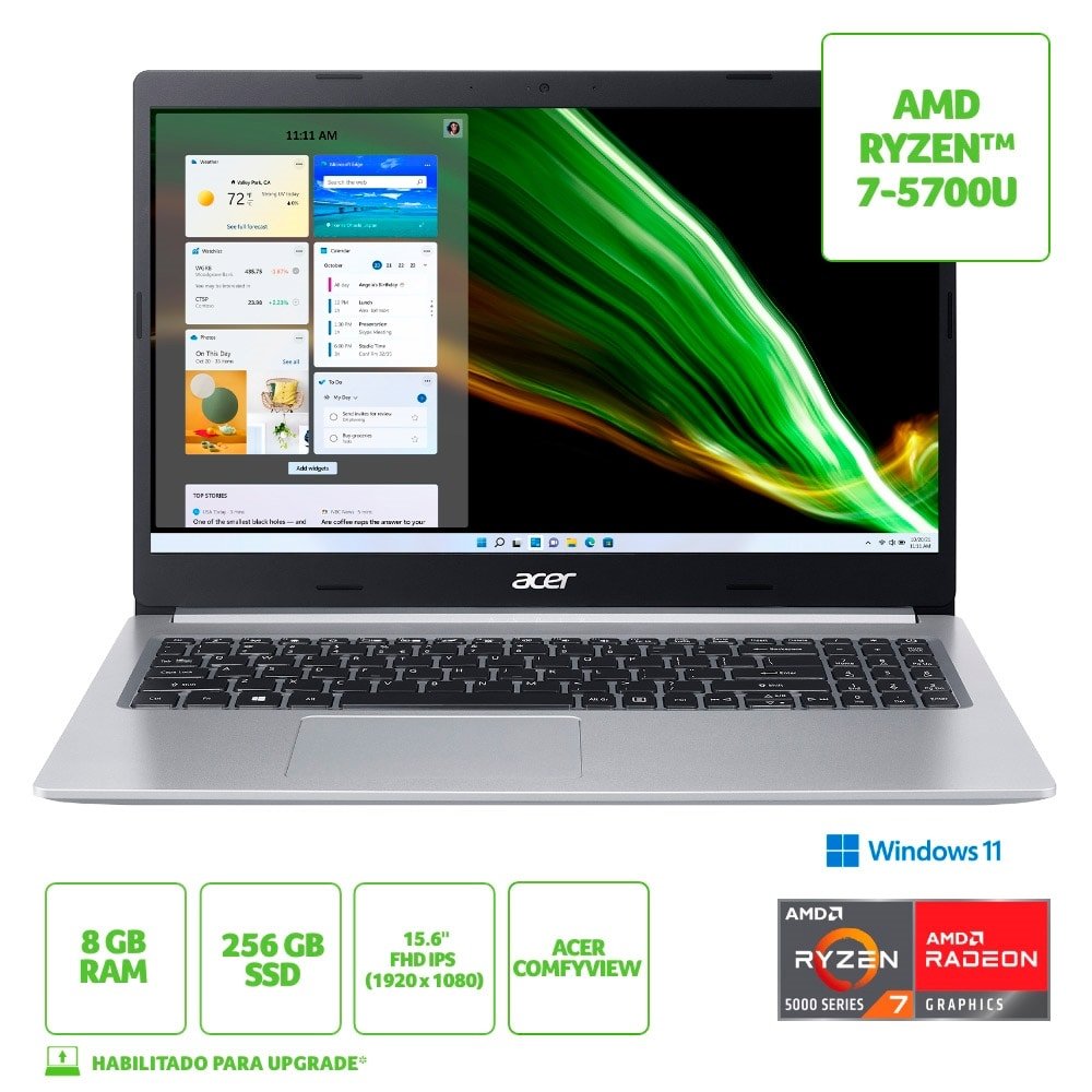 Notebook Acer Aspire 5 A515-45-R760 Tela de 15.6" - AMD Ryzen R7 5700U, SSD 256GB/8GB RAM, Windows 11, Prata