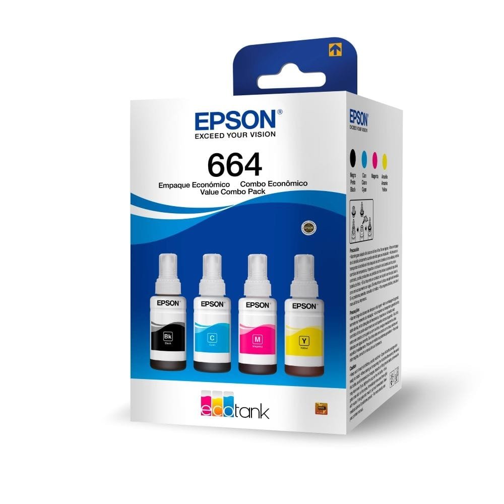 Kit Refil de Tinta Epson Original T664, 4 Cores, Preto/Amarelo/Ciano/Magenta