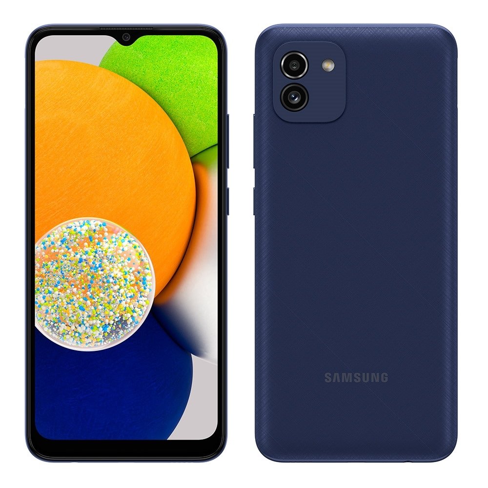 Smartphone Samsung Galaxy A03, Azul, Tela  6.5", 4G+Wi-Fi, And. 11, Câm. Tras. de 48+2MP, Frontal de 5MP, 4GB RAM, 64GB