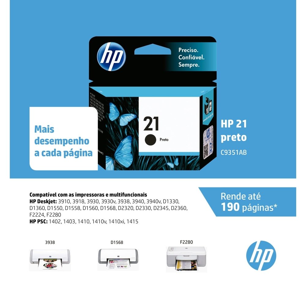 Cartucho Original HP 21 C9351AB Preto para Impressoras HP Deskjet: 3910, 3918, HP PSC 1402, 1403