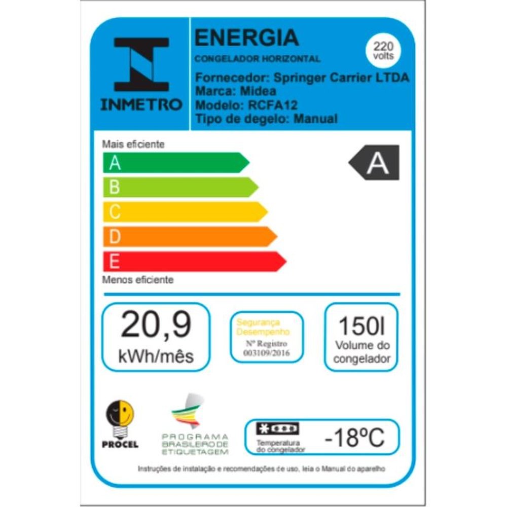 Freezer Horizontal Midea 150 Litros RCFA1, Branco, 220V