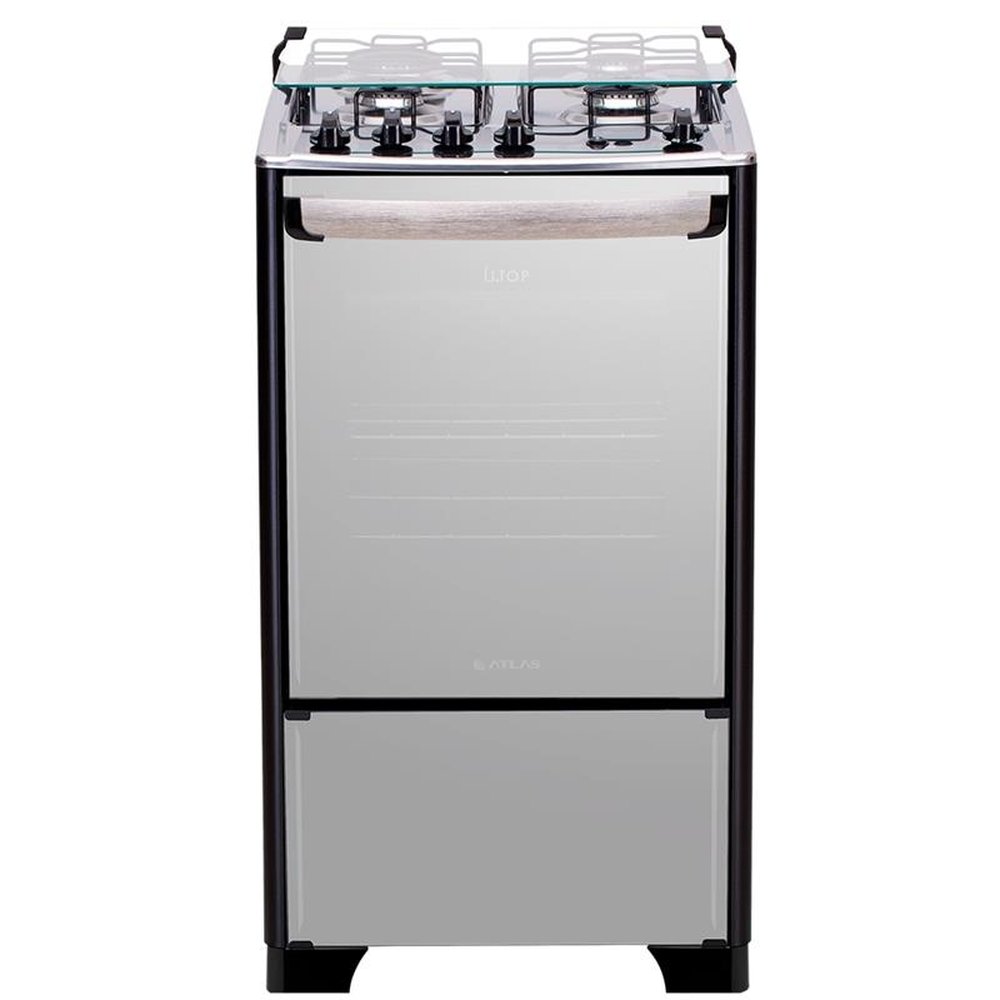 Fogão de Piso Atlas 4 Bocas New U.Top Style, Acendimento Automático, Mesa de Inox, Preto, Bivolt