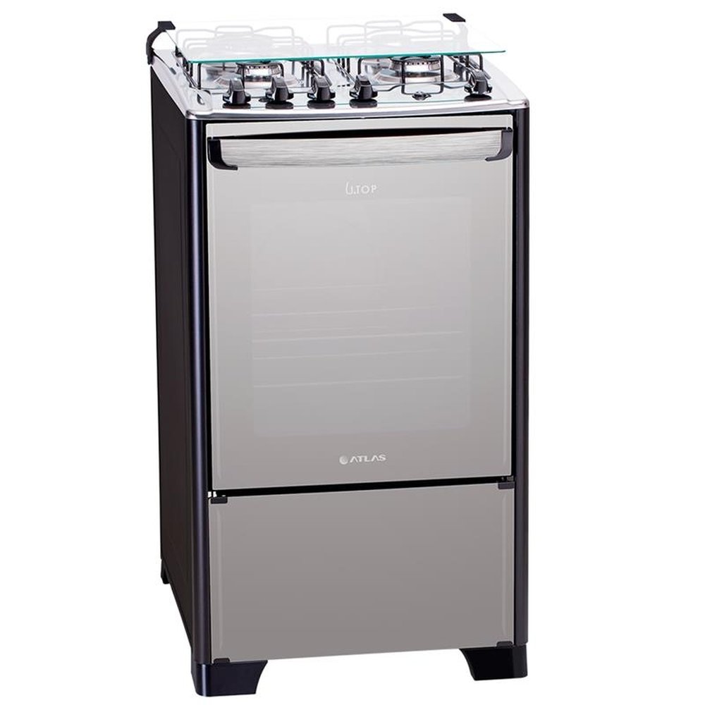 Fogão de Piso Atlas 4 Bocas New U.Top Style, Acendimento Automático, Mesa de Inox, Preto, Bivolt