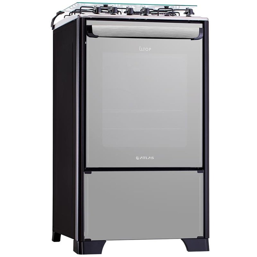 Fogão de Piso Atlas 4 Bocas New U.Top Style, Acendimento Automático, Mesa de Inox, Preto, Bivolt