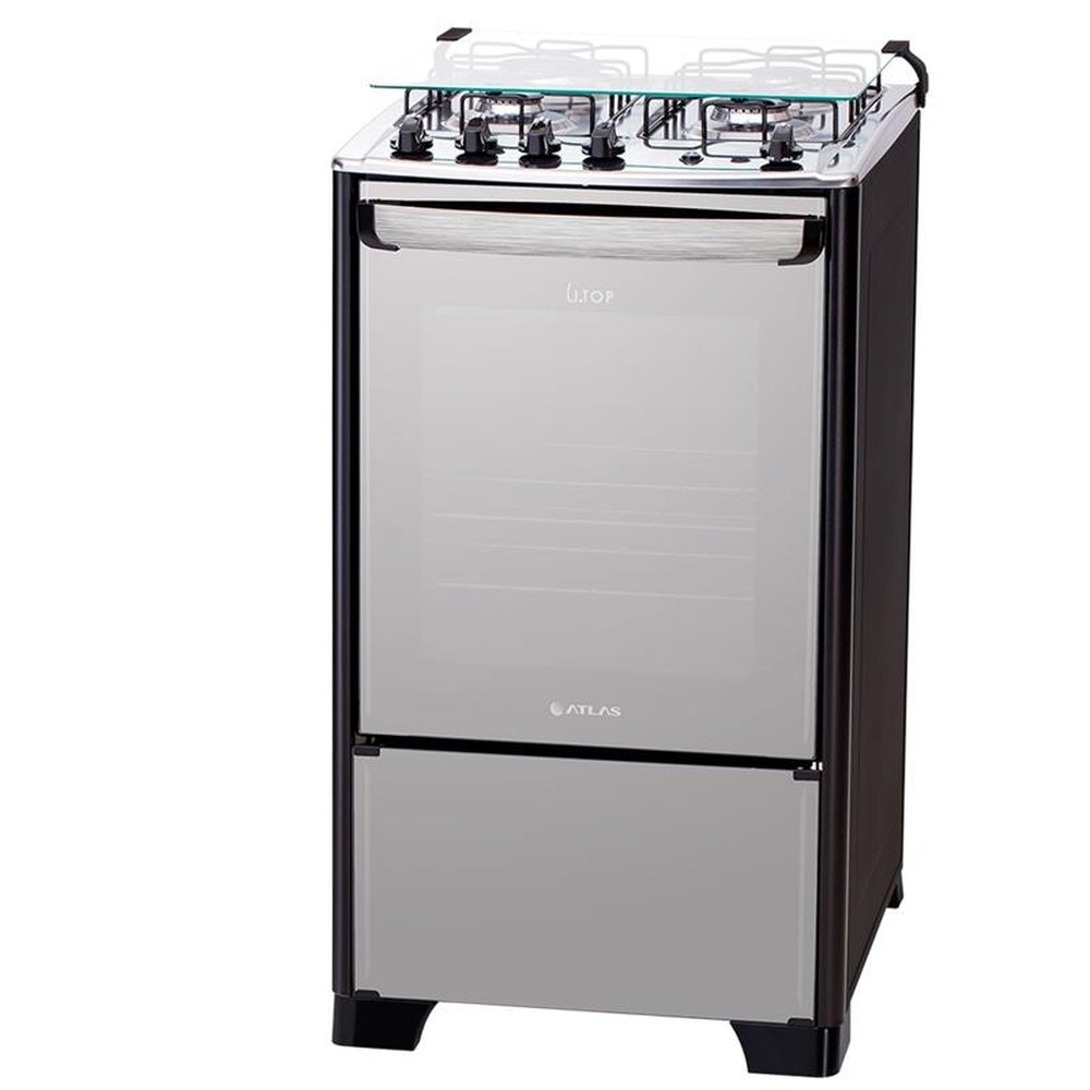 Fogão de Piso Atlas 4 Bocas New U.Top Style, Acendimento Automático, Mesa de Inox, Preto, Bivolt
