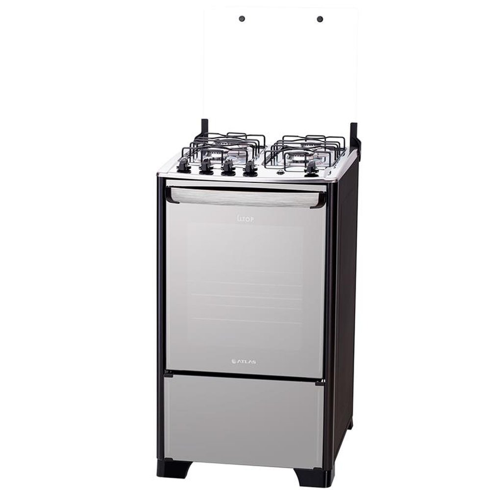 Fogão de Piso Atlas 4 Bocas New U.Top Style, Acendimento Automático, Mesa de Inox, Preto, Bivolt