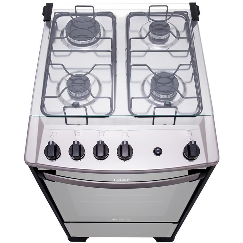 Fogão de Piso Atlas 4 Bocas New U.Top Style, Acendimento Automático, Mesa de Inox, Preto, Bivolt