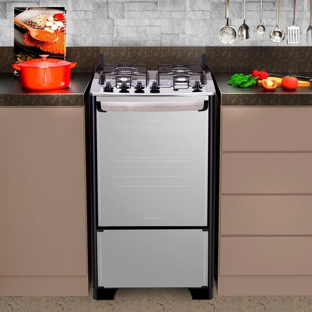 Fogão de Piso Atlas 4 Bocas New U.Top Style, Acendimento Automático, Mesa de Inox, Preto, Bivolt