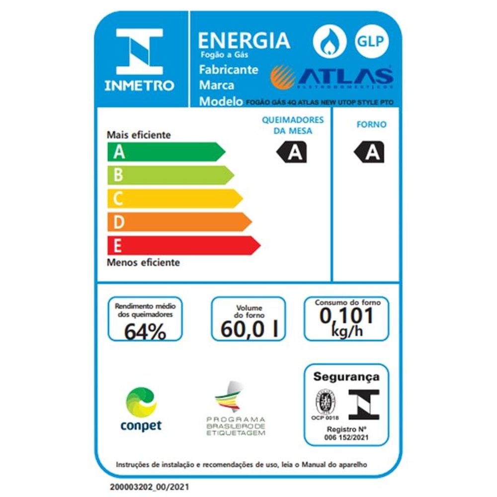 Fogão de Piso Atlas 4 Bocas New U.Top Style, Acendimento Automático, Mesa de Inox, Preto, Bivolt