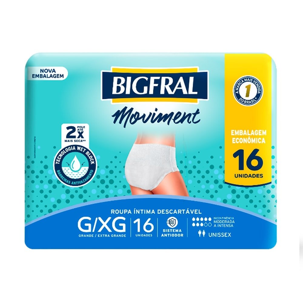 Roupa Íntima Bigfral Moviment Adulto Tamanho G/XG - 4 Pacotes com 16 Fraldas - Total 64 Tiras