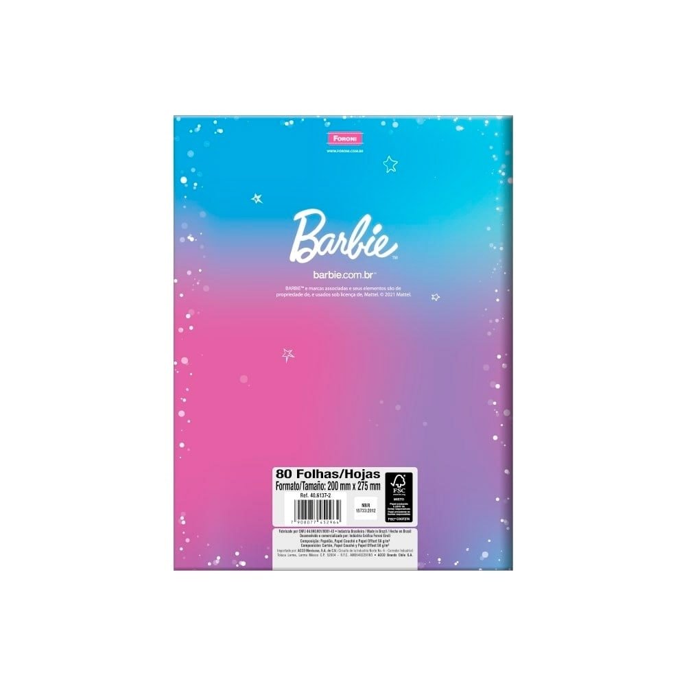 Caderno Costurado Foroni Universitário Capa Dura Barbie Dreamtopia 80 Folhas - Embalagem com 5 Unidades