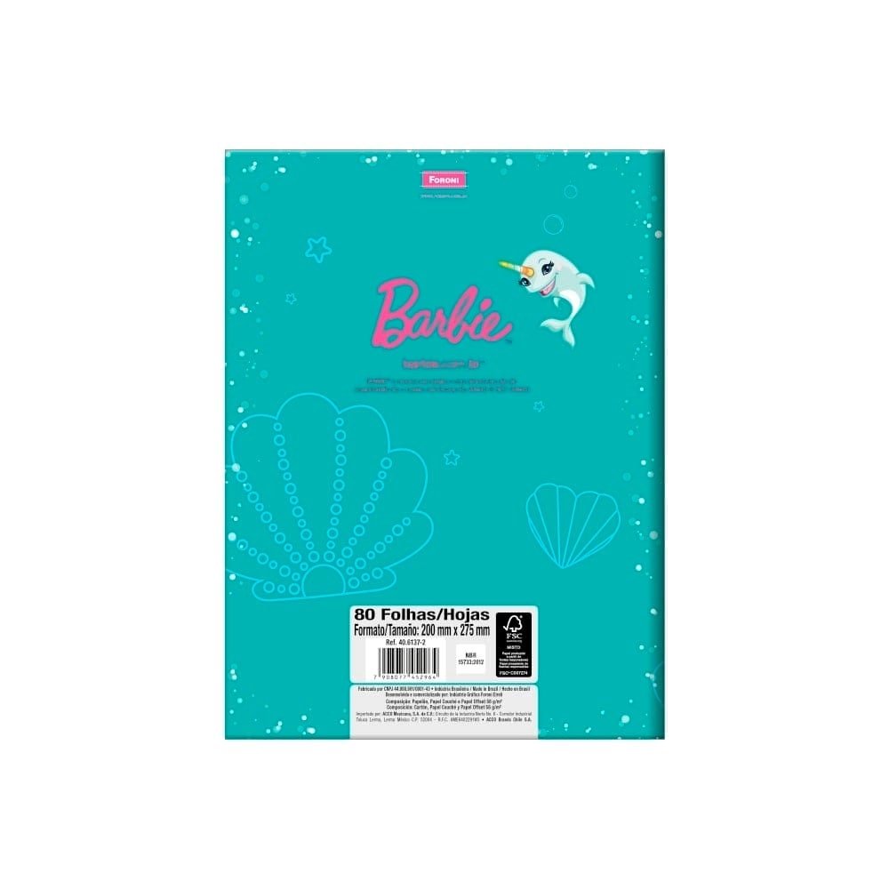 Caderno Costurado Foroni Universitário Capa Dura Barbie Dreamtopia 80 Folhas - Embalagem com 5 Unidades