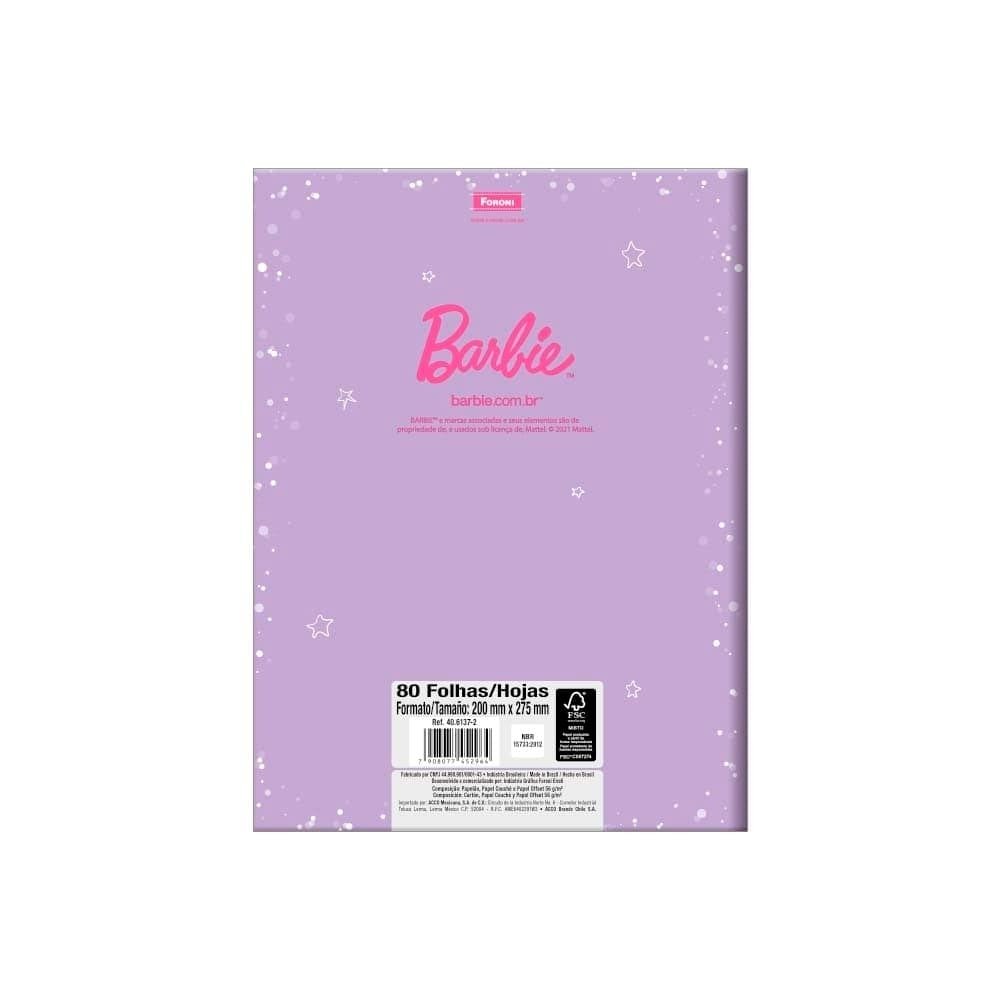 Caderno Costurado Foroni Universitário Capa Dura Barbie Dreamtopia 80 Folhas - Embalagem com 5 Unidades