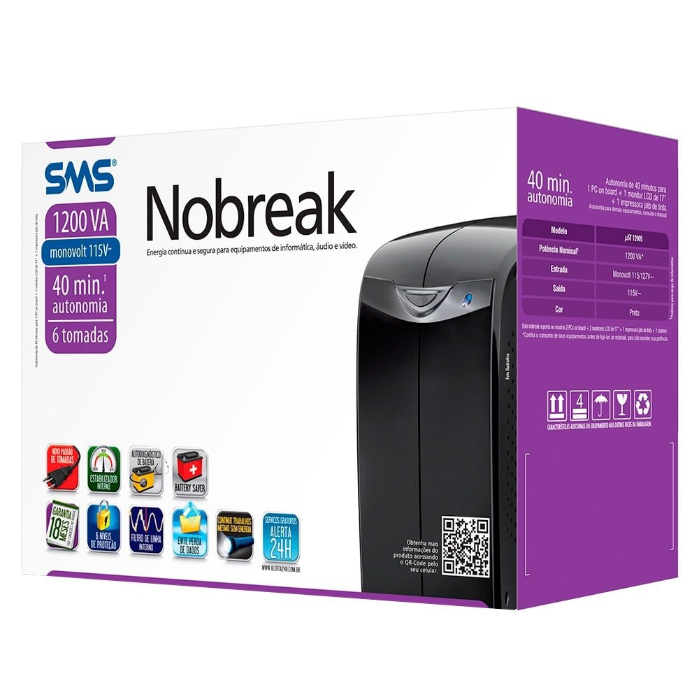 Nobreak SMS Station II UST1200S, 1200VA,6 Tomadas, Entrada e Saída 115V