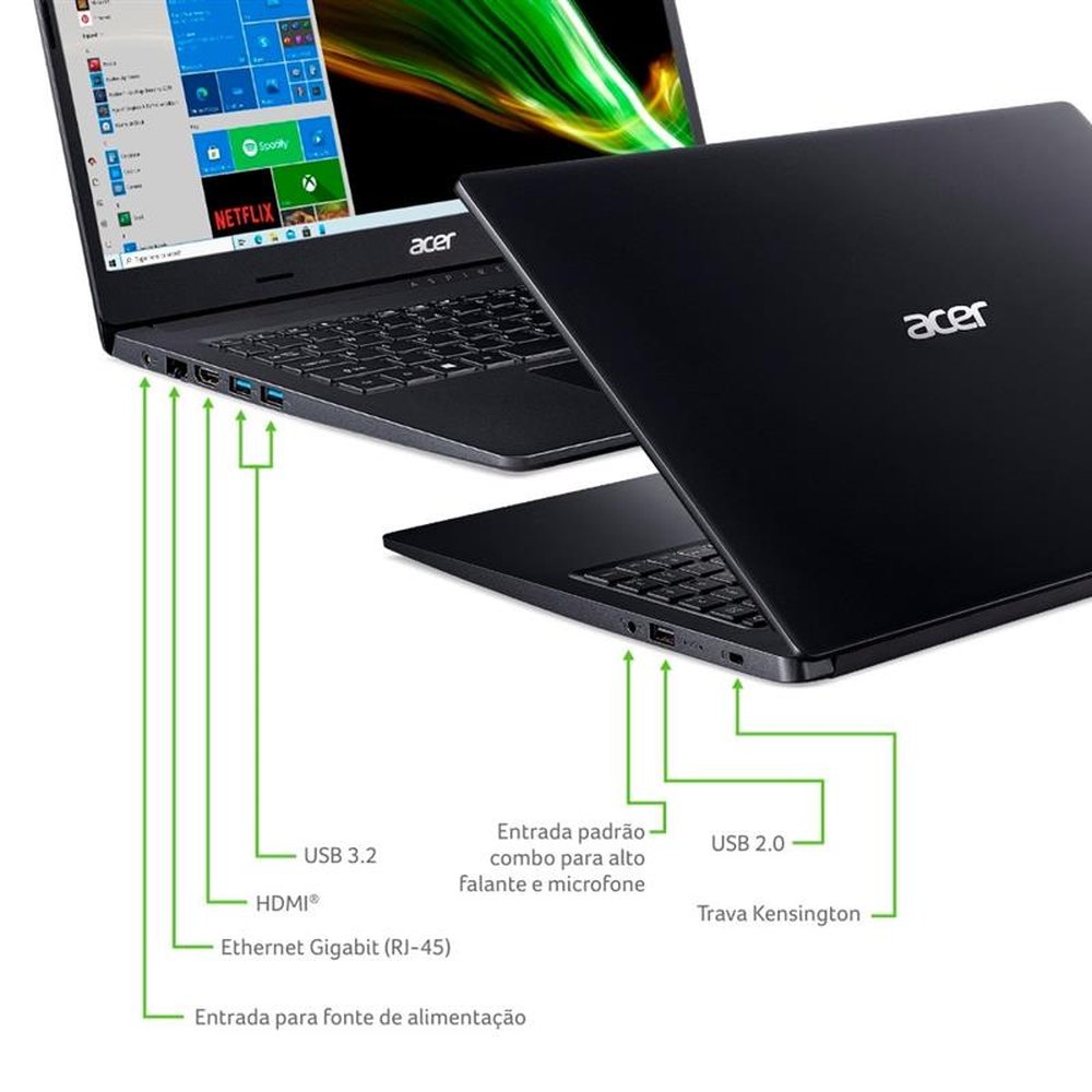 Notebook Acer Aspire 3 A315-23-R3L9, Tela de 15.6", AMD Ryzen 7 3700U, Windows 10, 8GB RAM, SSD 256GB, Preto