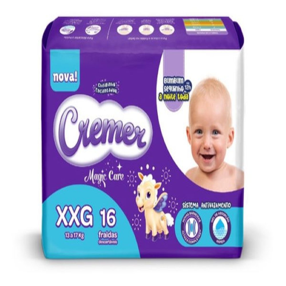 Fralda Descartável Cremer Jumbo Tamanho XXG - 8 Pacotes com 16 Fraldas - Total 128 Tiras