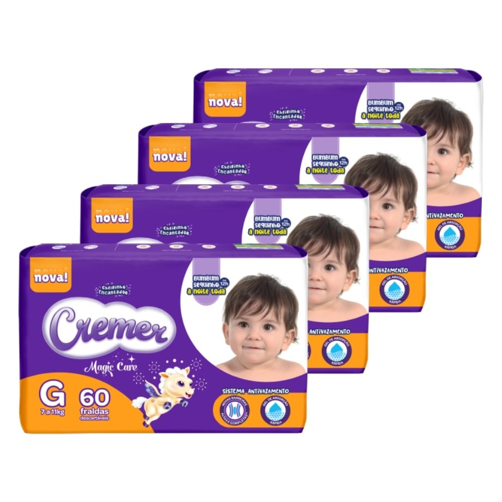 Fralda Descartável Cremer Tamanho G - 4 Pacotes com 60 Fraldas - Total 240 Tiras