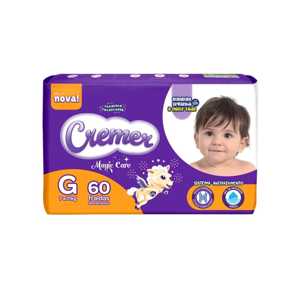 Fralda Descartável Cremer Tamanho G - 4 Pacotes com 60 Fraldas - Total 240 Tiras