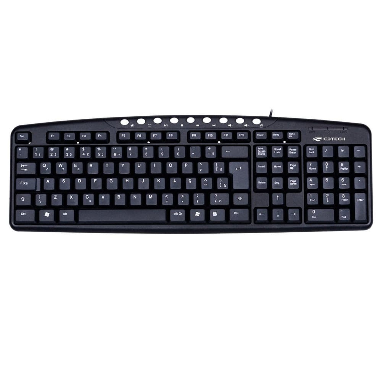 Teclado C3TECH KB22372BK, 9 Teclas Multimídia, USB, Ergonômico, Preto