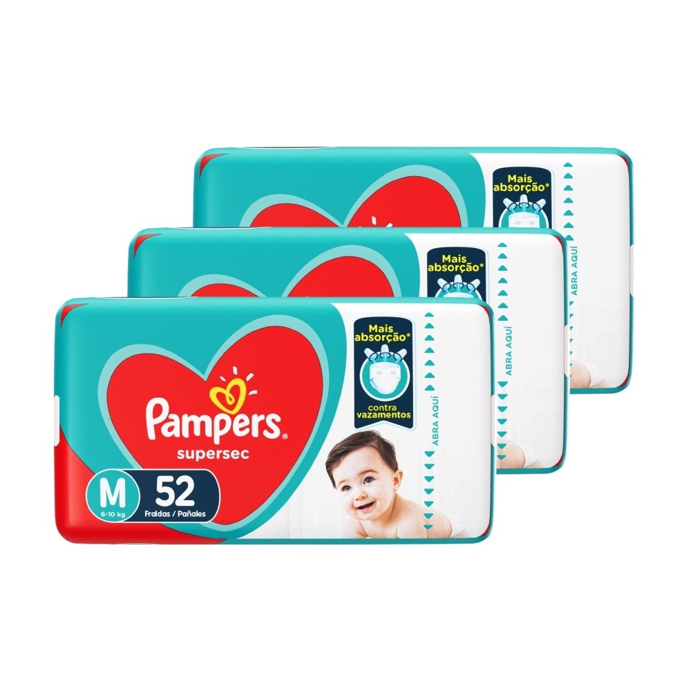 Fralda Descartável Pampers Supersec Hiper Tamanho M - 3 Pacotes com 52 Tiras - Total 156 Tiras