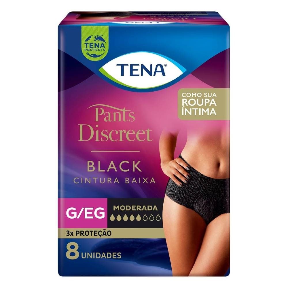 Fralda Descartável Geriátrica/Adulto Tena Pants Discreet Preto Roupa Íntima Tamanho G/XG - 8 Pacotes com 8 Tiras