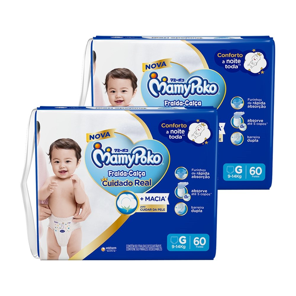 Fralda Descartável MamyPoko Calça Premium Seca Tamanho G - 2 Pacotes com 60 Fraldas - Total 120 Tiras