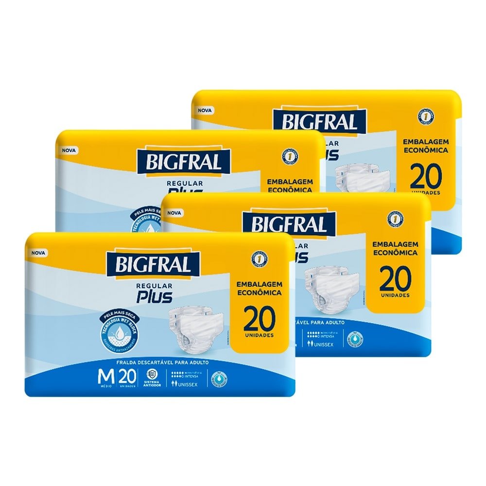 Fralda Descartável Geriátrica Bigfral Plus Regular Tamanho M - 4 Pacotes com 20 Fraldas - Total 80 Tiras