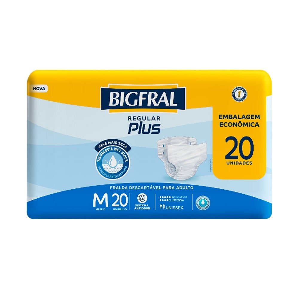 Fralda Descartável Geriátrica Bigfral Plus Regular Tamanho M - 4 Pacotes com 20 Fraldas - Total 80 Tiras