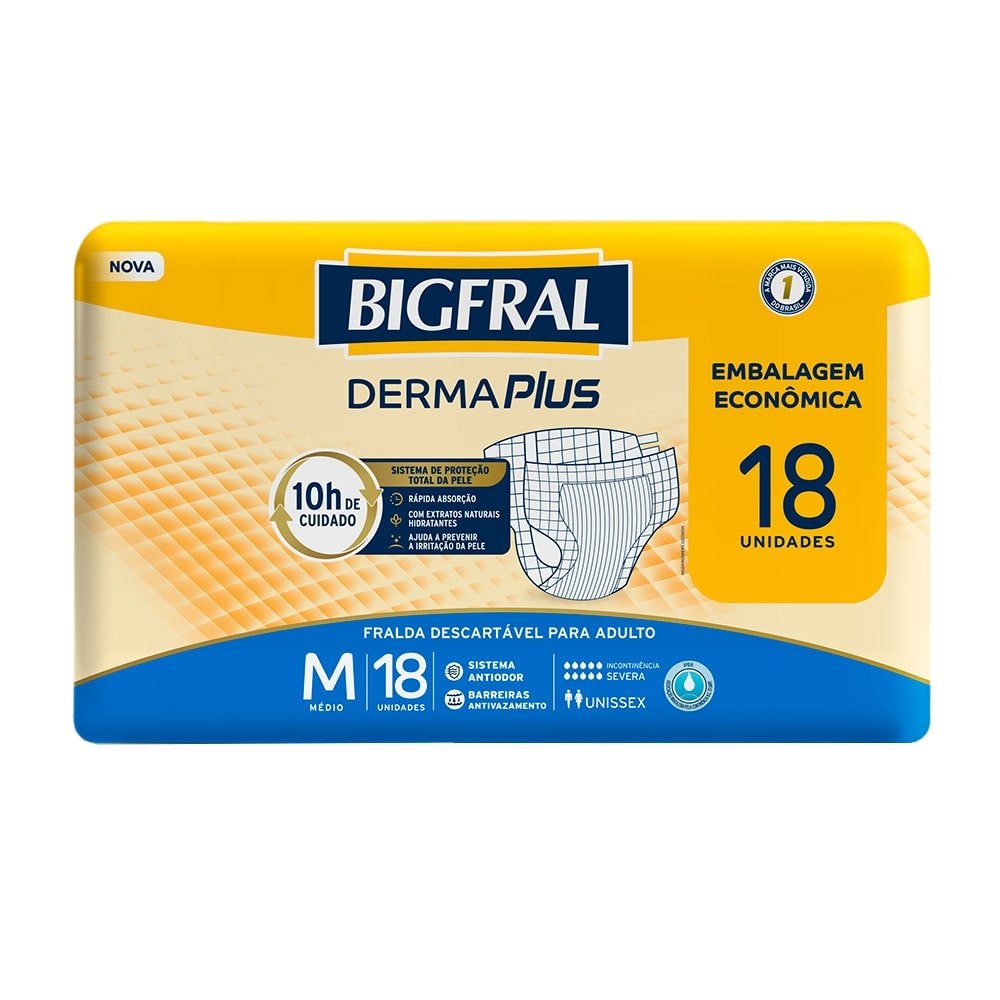 Fralda Geriátrica Bigfral Derma Plus Tamanho M - 4 Pacotes com 18 Fraldas - Total 72 Tiras