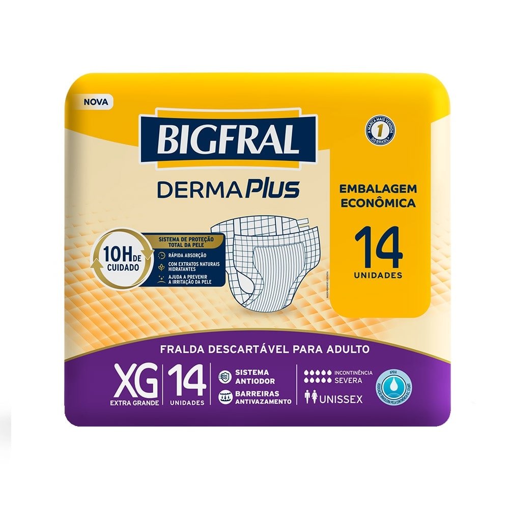 Fralda Geriátrica Bigfral Derma Plus Tamanho XG - 4 Pacotes com 14 Fraldas - Total 56 Tiras