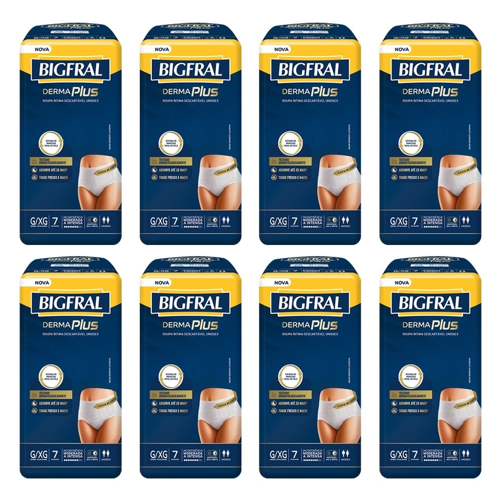 Roupa Íntima Bigfral Derma Plus Pants Premium Tamanho G/XG - 8 Pacotes com 7 Fraldas - Total 56 Tiras