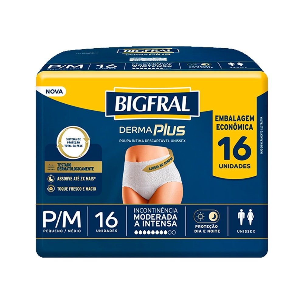 Roupa Íntima Adulto Bigfral Derma Plus Tamanho P/M - 4 Pacotes com 16 Fraldas - Total 64 Tiras
