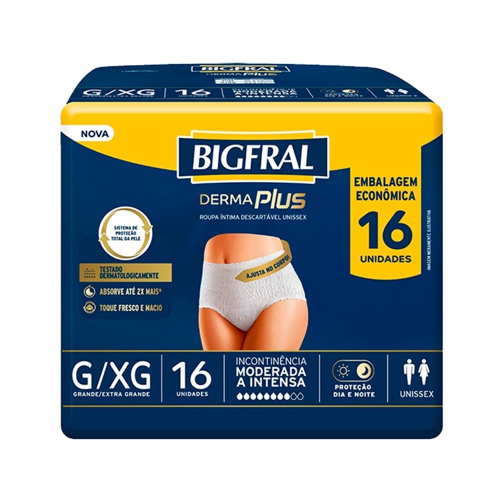 Roupa Íntima Adulto Bigfral Derma Plus Tamanho G/XG - 4 Pacotes com 16 Fraldas - Total 64 Tiras