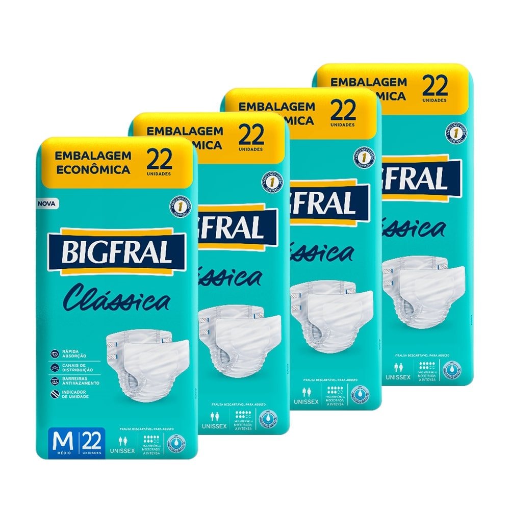 Fralda Geriátrica Bigfral Clássica Tamanho M - 4 Pacotes com 22 Fraldas - Total 88 Tiras