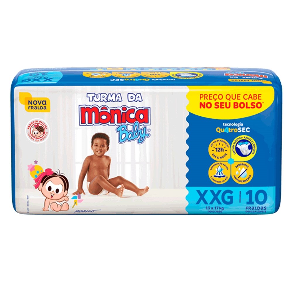 Fralda Descartável Turma da Mônica Jumbinho Tamanho XXG - 8 Pacotes com 10 Fraldas - Total 80 Tiras