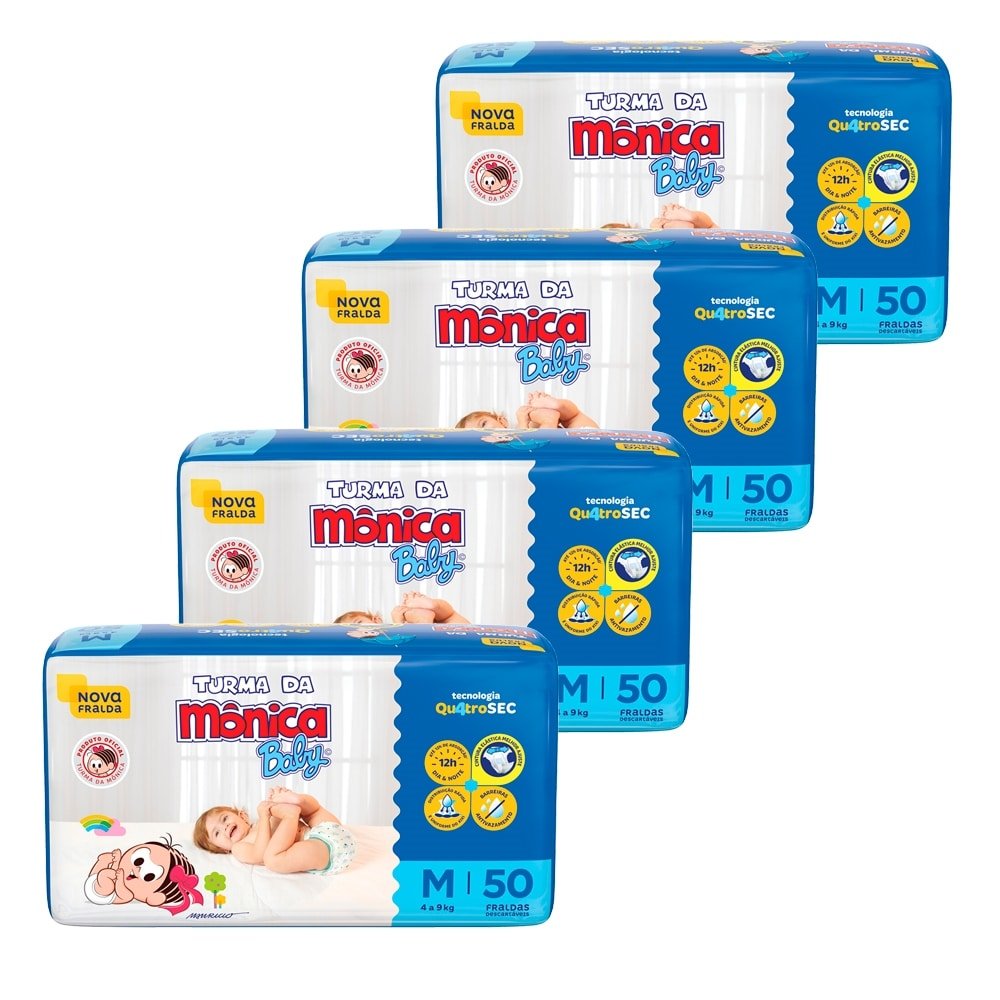 Fralda Descartável Turma da Mônica Tamanho M - 4 Pacotes com 50 Fraldas - Total 200 Tiras
