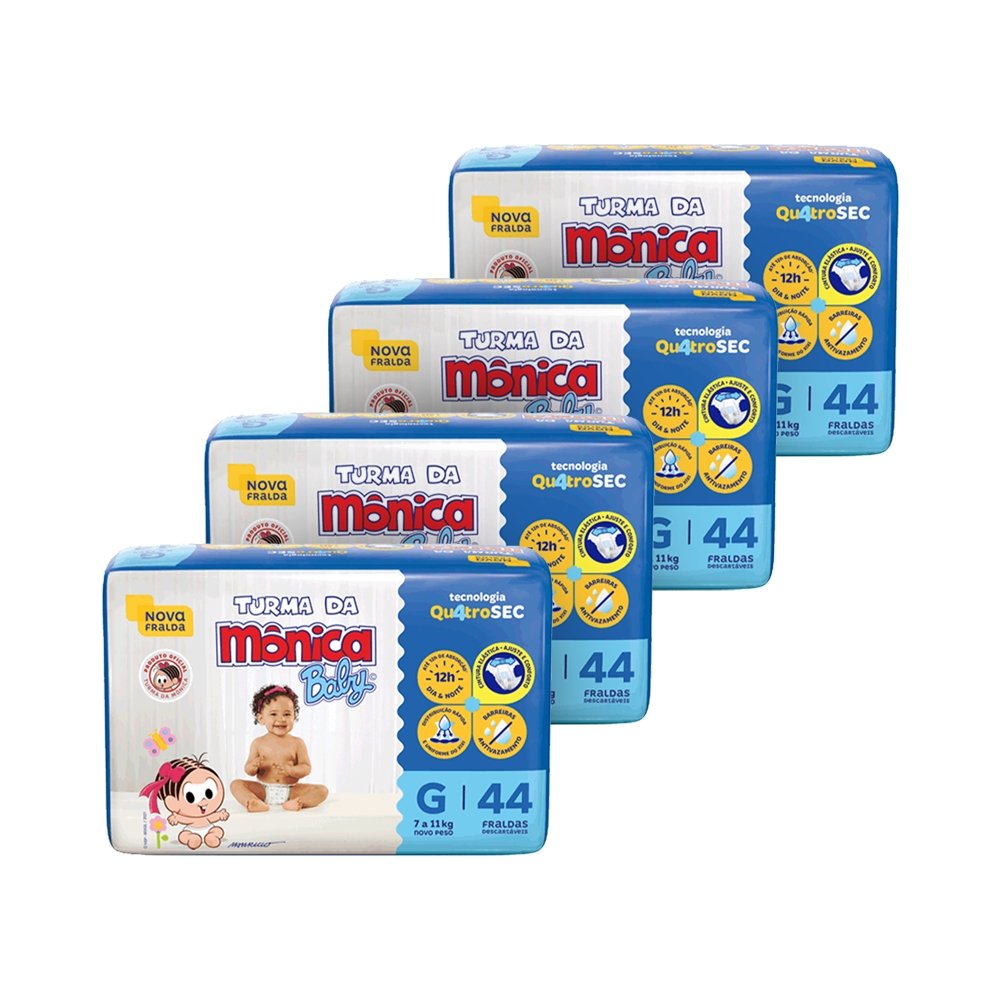 Fralda Descartável Turma da Mônica Tamanho G - 4 Pacotes com 44 Fraldas - Total 176 Tiras