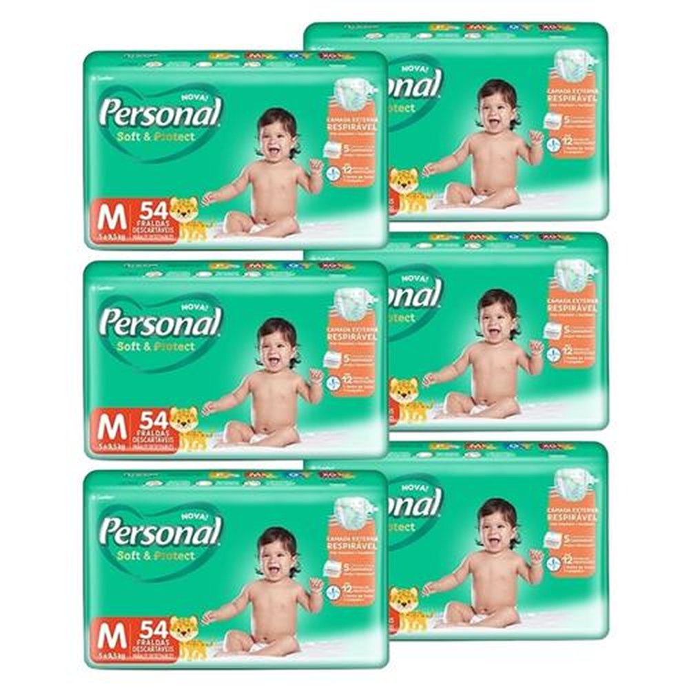 Fralda Descartável Personal Soft & Protect Tamanho M - 6 Pacotes com 54 Fraldas - Total 324 Tiras