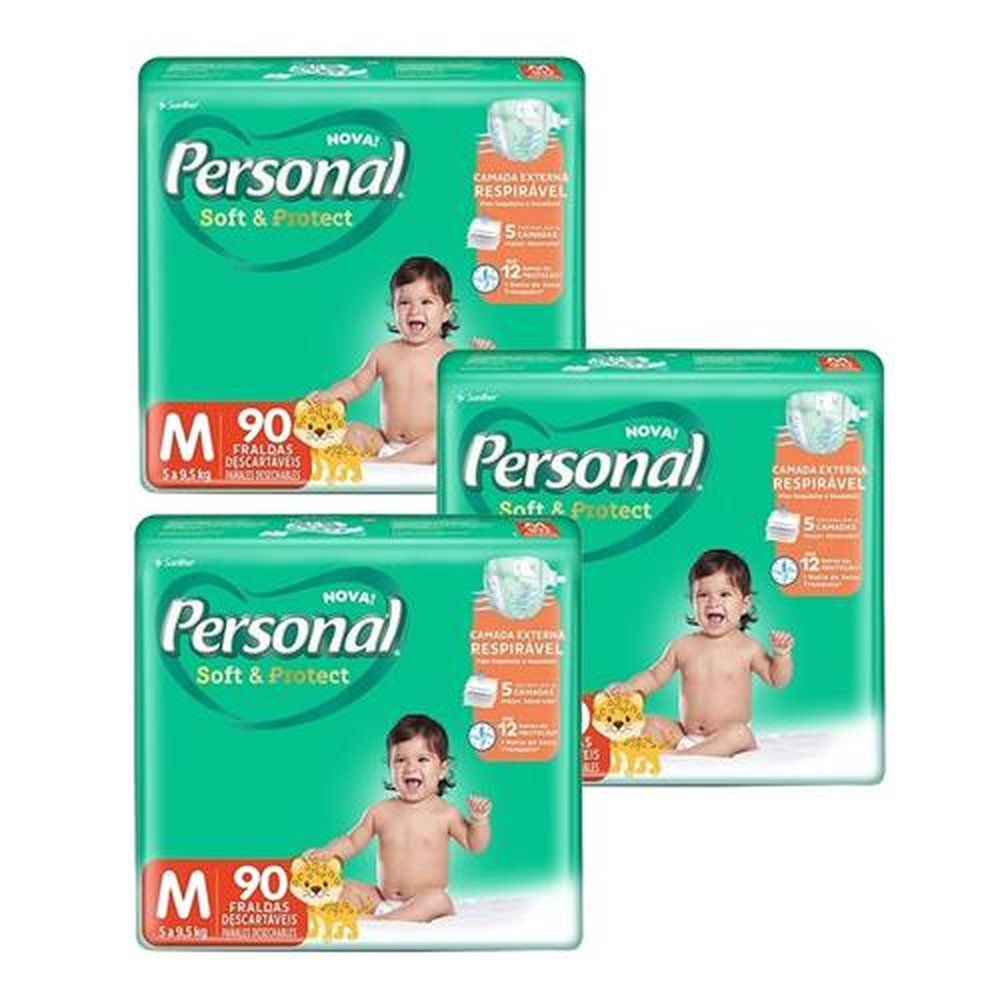 Fralda Descartável Personal Soft & Protect Tamanho M - 3 Pacotes - Total 270 Tiras