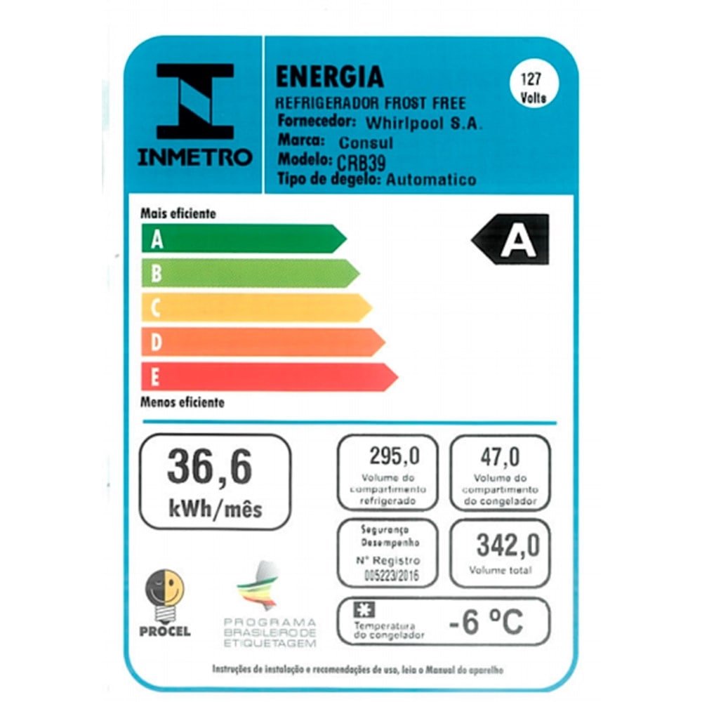 Geladeira/Refrigerador Consul 342 Litros CRB39A - Frost Free, 1 Porta,  Gavetão Hortifruti Branca, Branco,  110V